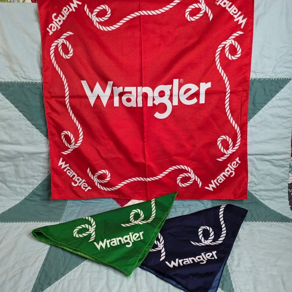 Wrangler Bandana Set Red Green Navy Blue Rope Logo Western Accessories 3 Pack